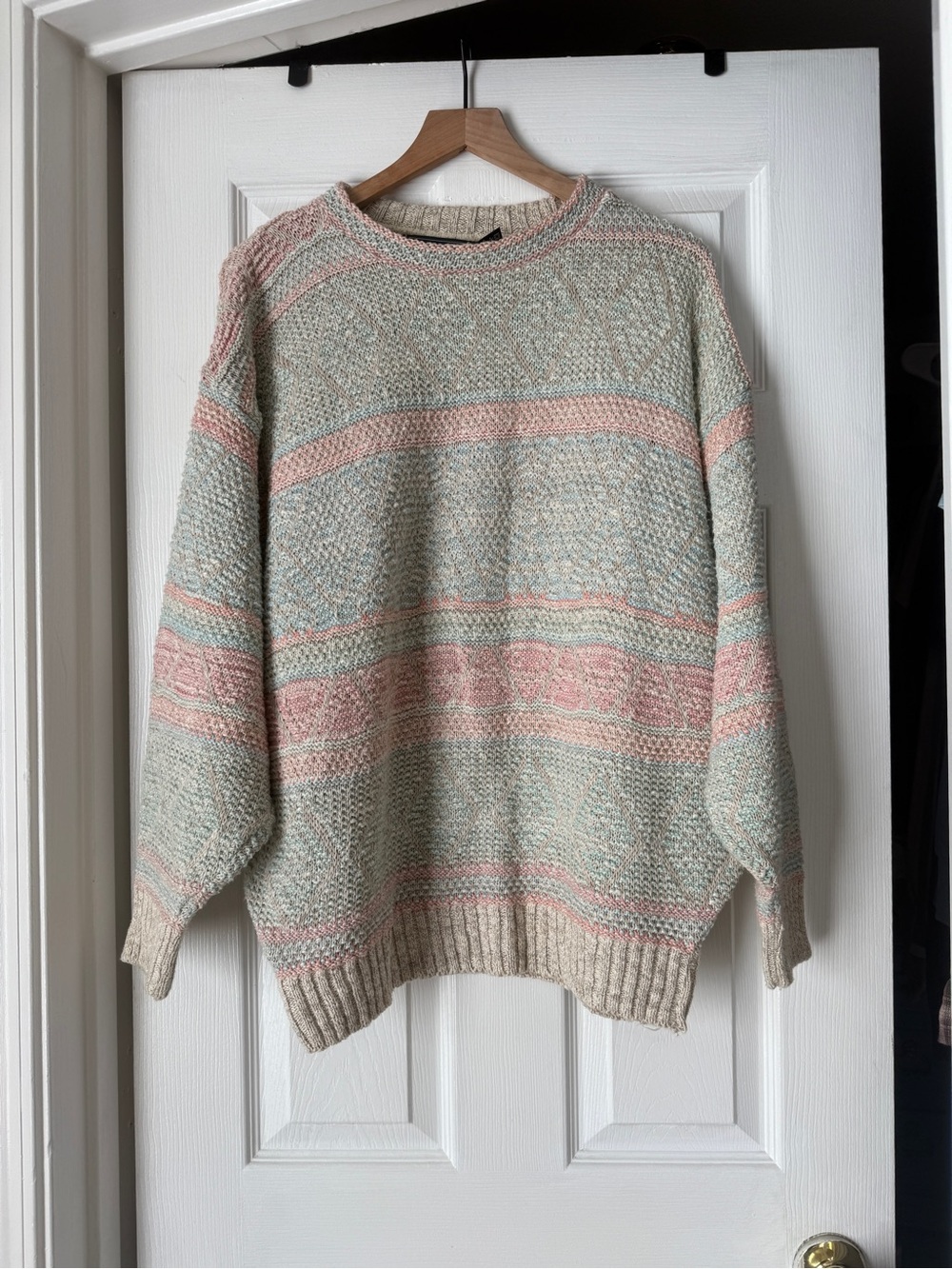 Vintage Crossings Cotton LinenBlend Sweater with Pastel Pink and Mint Accents